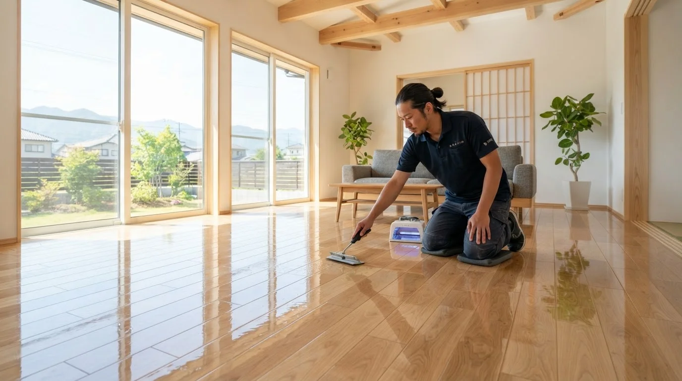 新築住宅のリビングで艶のあるフローリングにUVコーティングを施工した全景