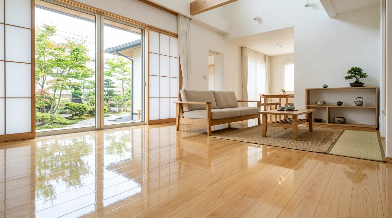 夕方の光が入る整った住宅のリビングとフローリング床